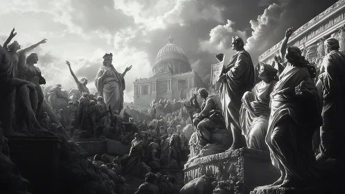 Monochrome monumental plaza with classical statues crowding.