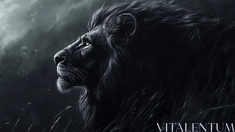 Monochrome digital lion profile with dramatic chiaroscuro.