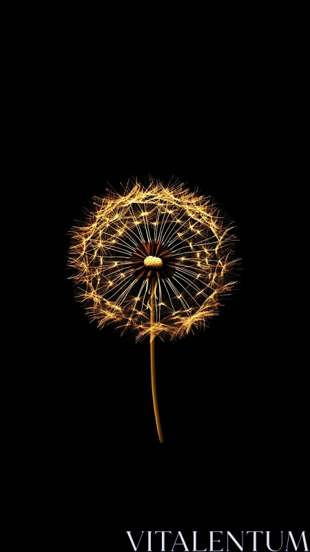 Golden dandelion sparkles against deep black night backdrop