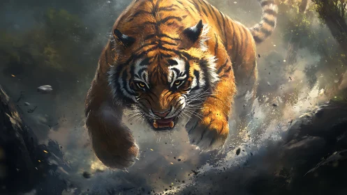 Ferocious tiger charges through shattered jungle dust storm.