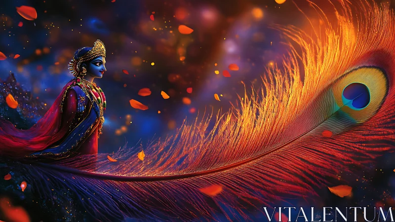 Divine blue wanderer walking the flame-tipped peacock plume.