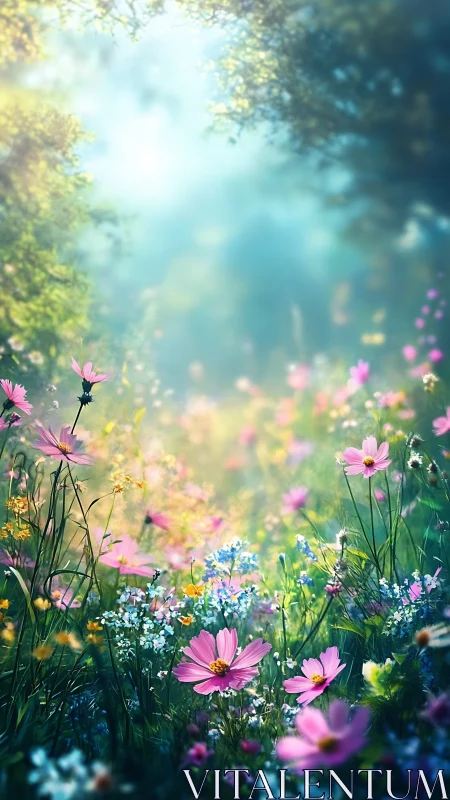 Digital painting of luminous wildflower meadow perspective.
