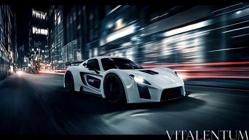 White sports car speeds through illuminated city street at night