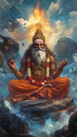 Mystic sage levitates amid fiery clouds and cosmic cliffs.