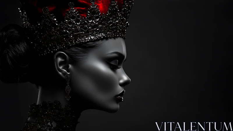 Monochrome queen profile with jeweled crown and red velvet accent