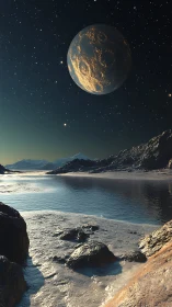 Digital painting of alien tidal shoreline under luminous moon.
