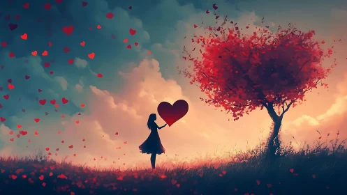 Girl with heart under tree with floating heart particles at sunset