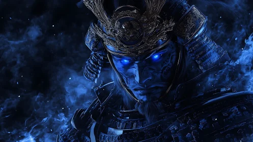 Spectral samurai warrior glares through swirling blue mist.