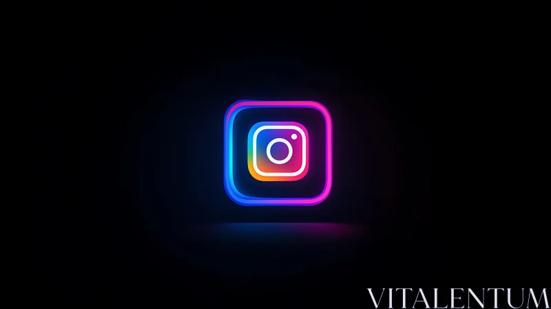Neon gradient social media camera icon on black background.