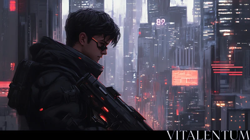 Cyberpunk soldier stands armed before neon cityscape