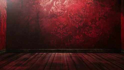 Empty red room shows ornate textured walls and wood floor