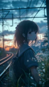 Anime twilight portrait beside railway tracks in soft bokeh focus.