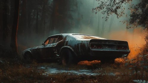 Rusting muscle car in misty forest under orange glow.