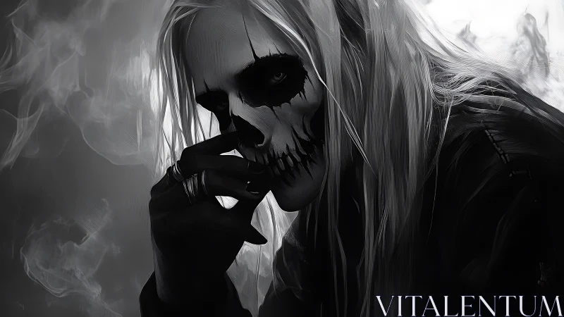 Monochrome skull-makeup figure rendered in moody chiaroscuro
