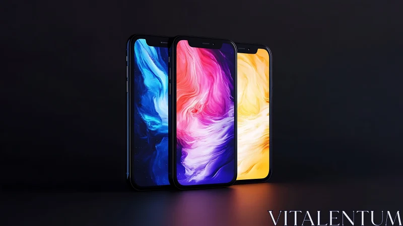 Color-swirled smartphones glowing in a dark calm studio.