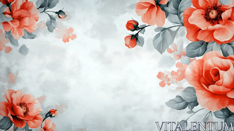 Coral Peonies and Gray Foliage Against Soft White Background.