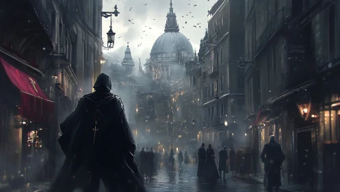Cloaked figure surveys fog-drenched neoclassical city street at dusk
