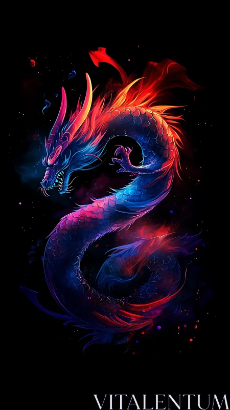 Neon fire dragon coiled in dark cosmic void.