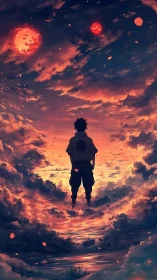 Solitary silhouetted figure amid dual red suns and volumetric clouds