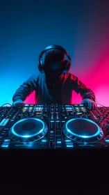 DJ lost in neon lights, guiding the night’s pulsing beat.