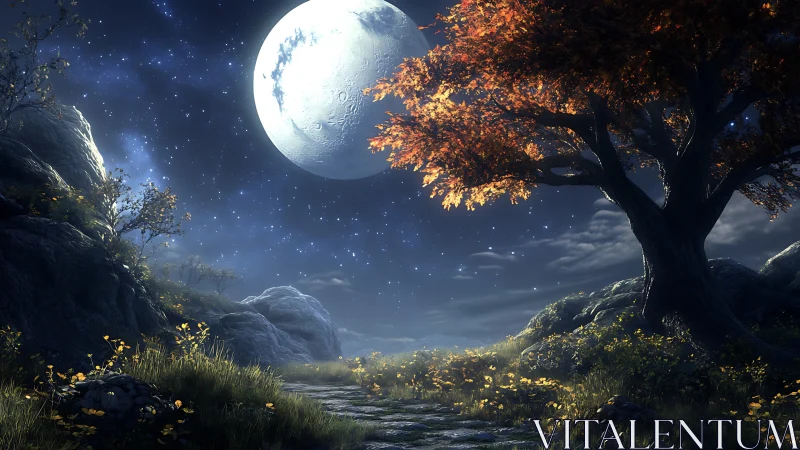 Enchanted moonlit path beneath glowing autumn tree at night.