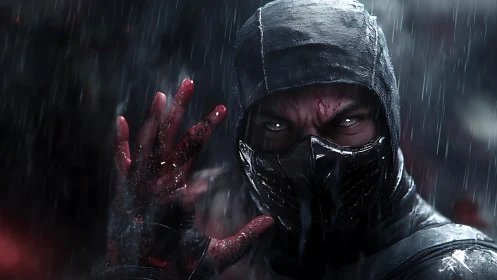 Masked warrior stares forward under heavy rain at night