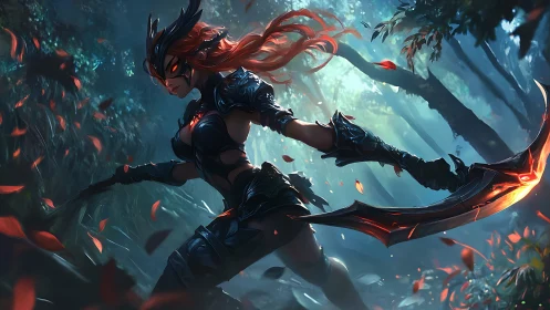 Masked forest warrior lunges with blazing crimson blade.