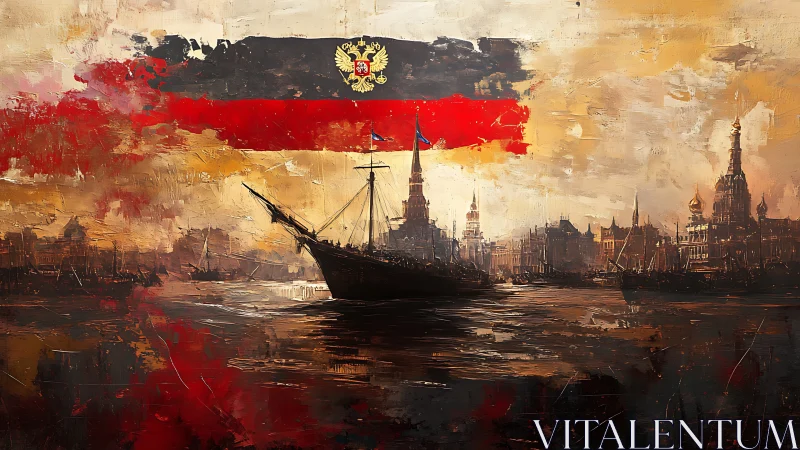 Russian harbor oil painting with ship and tricolor flag.