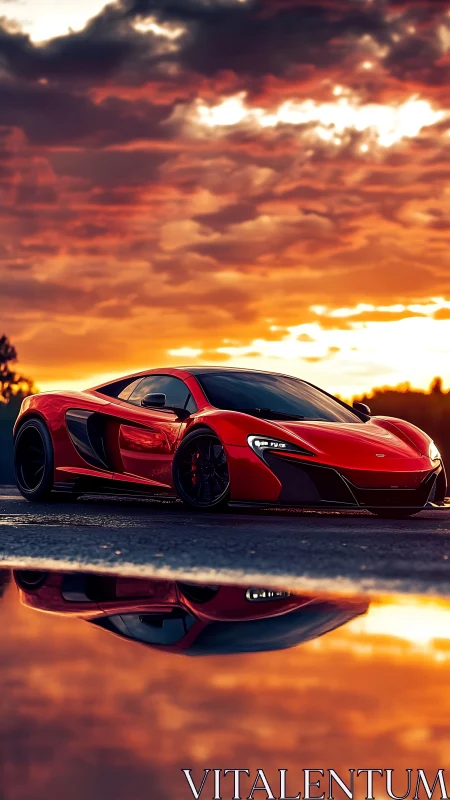 Red sports coupe is parked on wet asphalt at sunset