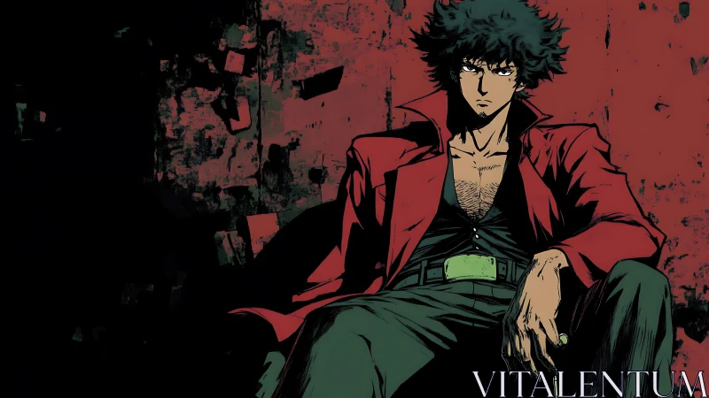 Brooding anime outlaw seated against distressed red wall.