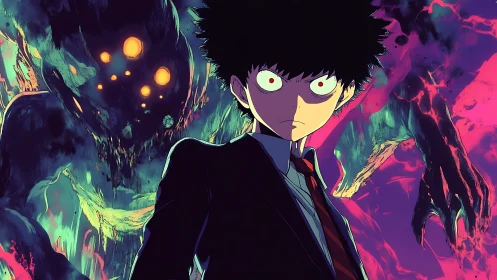 Cel shaded psychic boy confronts luminous spectral monster entity