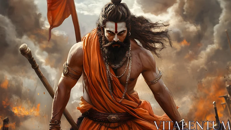 Warrior monk strides through firelit storm of devotion.