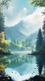 Serene alpine lake mirroring misty pines and distant peak.