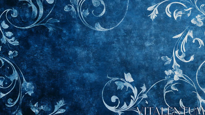 Ornamental cyanotype scrollwork on distressed indigo field.