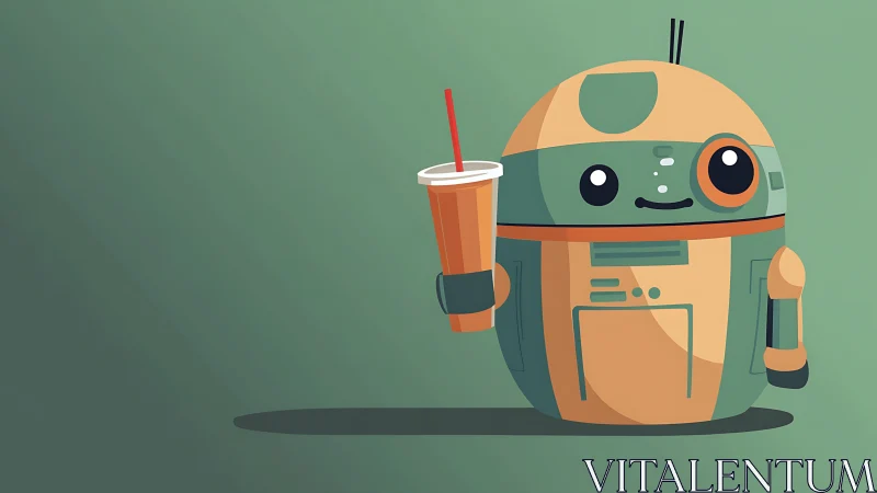 Cute round robot enjoys a drink in playful flat design