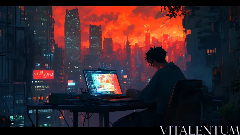 Lone coder studies neon code under burning cyberpunk sky.