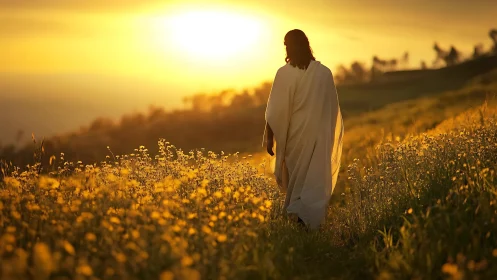 Gentle robed figure walking through a golden dusk field.