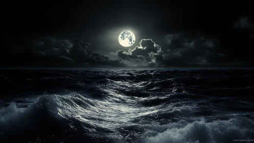 Full moon illuminating turbulent open sea at night.