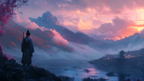 Samurai observing misty valley at vivid mountain sunset.