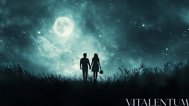 Silhouetted figures in field under full moon with atmospheric light dispersion effects