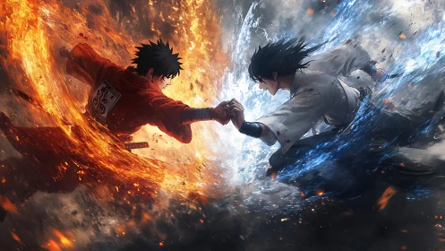 Dueling elemental warriors collide within swirling fire and ice