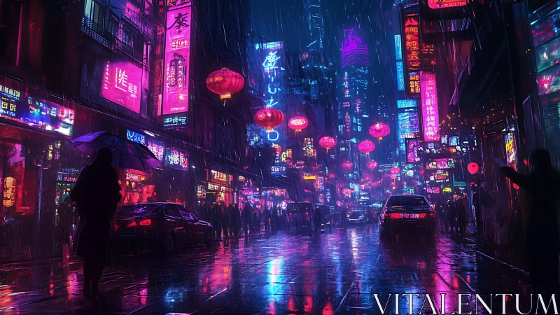 Neon-soaked night avenue with rain, lanterns, and silhouettes.
