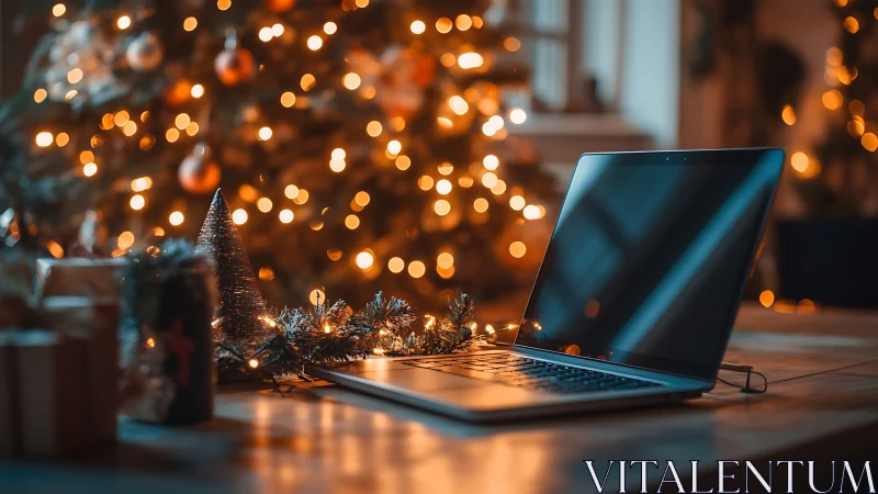 Laptop on festive desk glows before blurred Christmas tree.