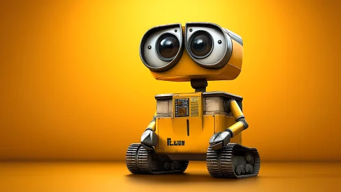 Curious little yellow robot rolling through a bright day.