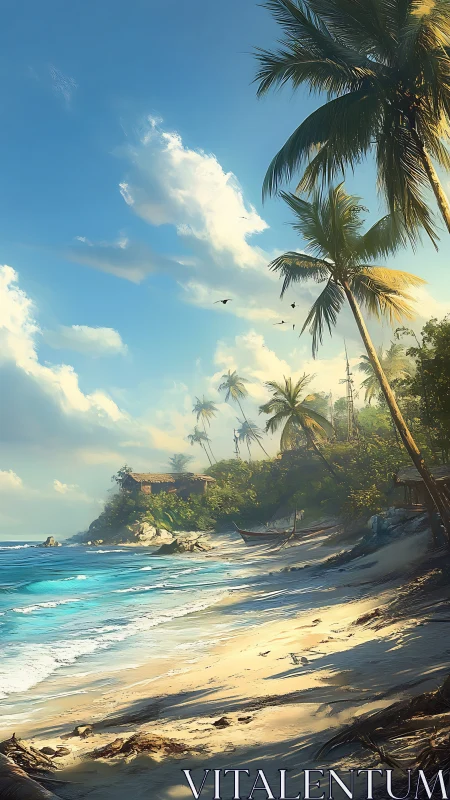Tropical Coastline with Palm Trees and Crystalline Azure Waters at Golden Hour