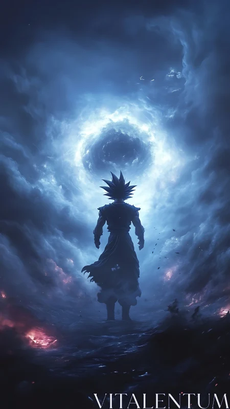 Lone warrior ascends toward a raging celestial vortex