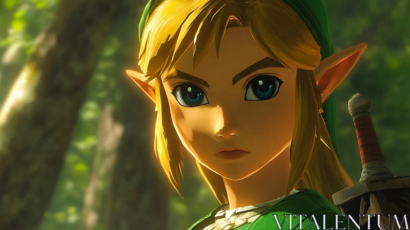 Heroic elf warrior gazes ahead in a sunlit forest