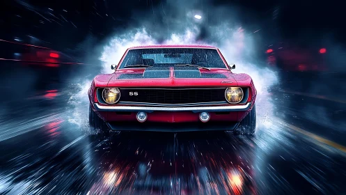Digital painting of red muscle car in cinematic rain pursuit.