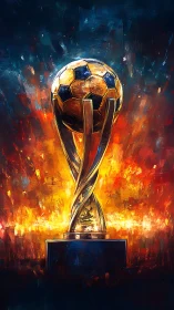 Flaming football trophy crowned in molten stadium light.