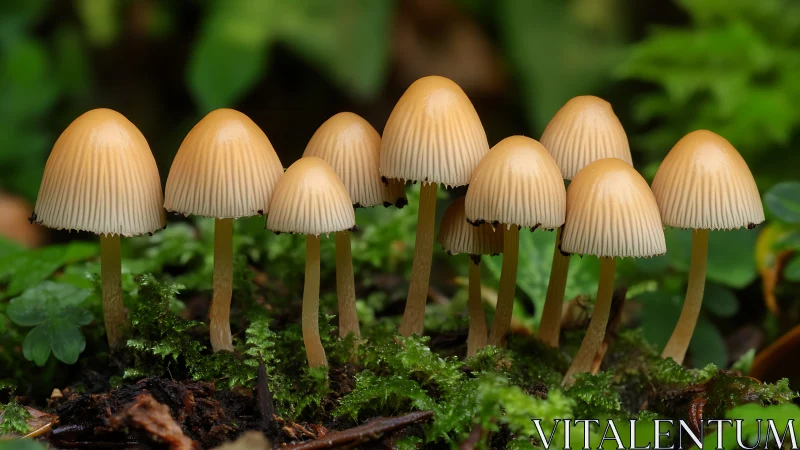 Woodland lantern mushrooms gathered in quiet moss council.